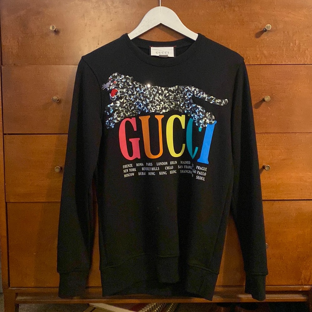 FREE SHIPPING - Gucci - Mens Small Rainbow Sequin Sweatshirt w/ Tiger & Cities